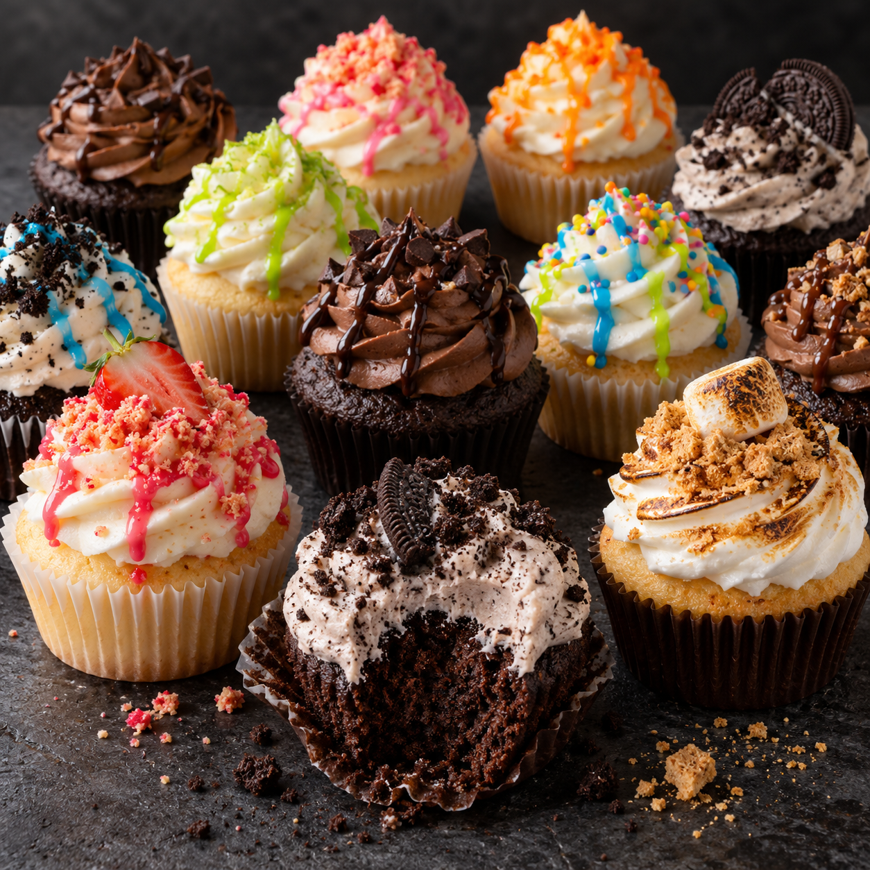 Assorted decorated Cupcakez with one cut open to show the cake inside