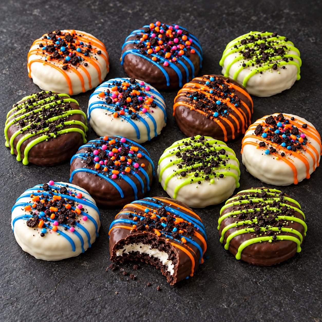 Oreos with neon, white and blue drizzle