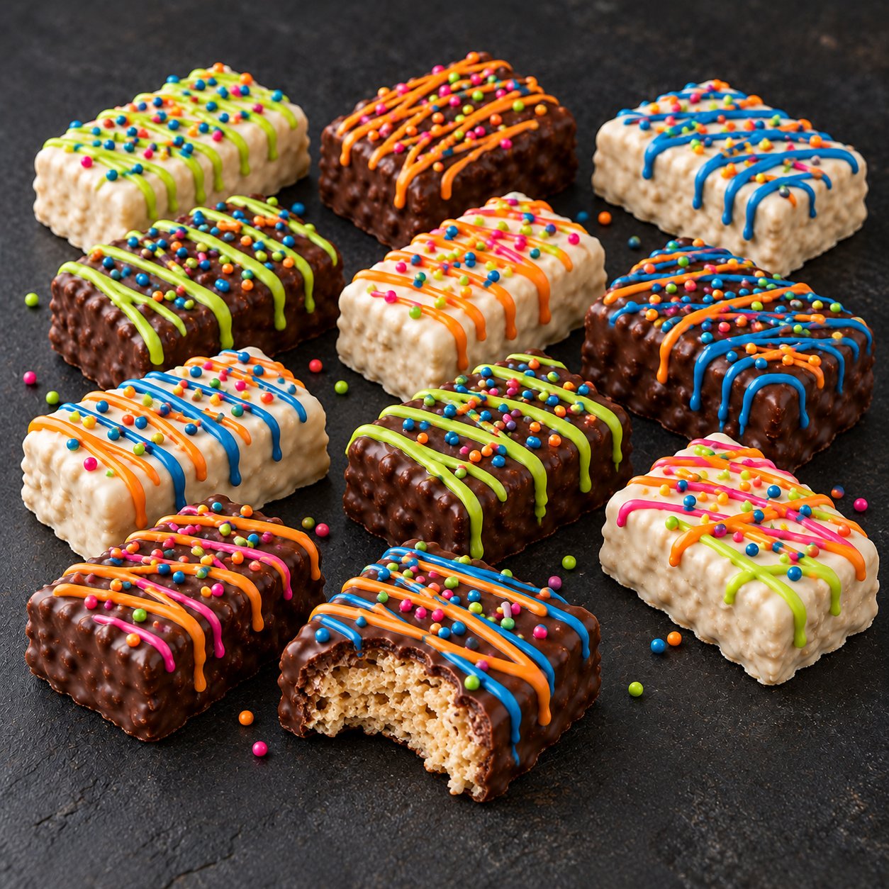 Black and white decorated chocolate covered Rice Krispies